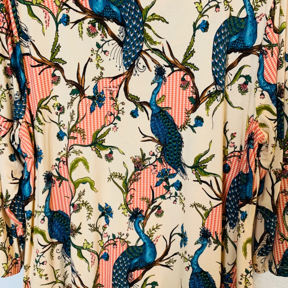 JM Collection Top Womens 2X Peacock Floral Print Shirt Stretchy Whimsical Artsy - Picture 10 of 13
